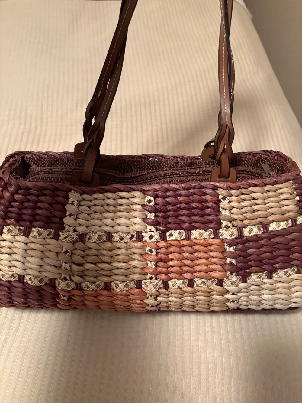 Vintage woven straw bag/leather straps made in Italy estate sale find EUC